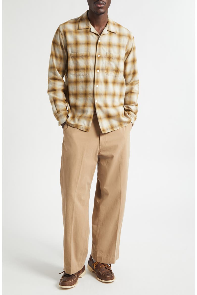 Open Collar Ombré Check Brushed Flannel Button-Up Shirt, Alternate, color, BROWN