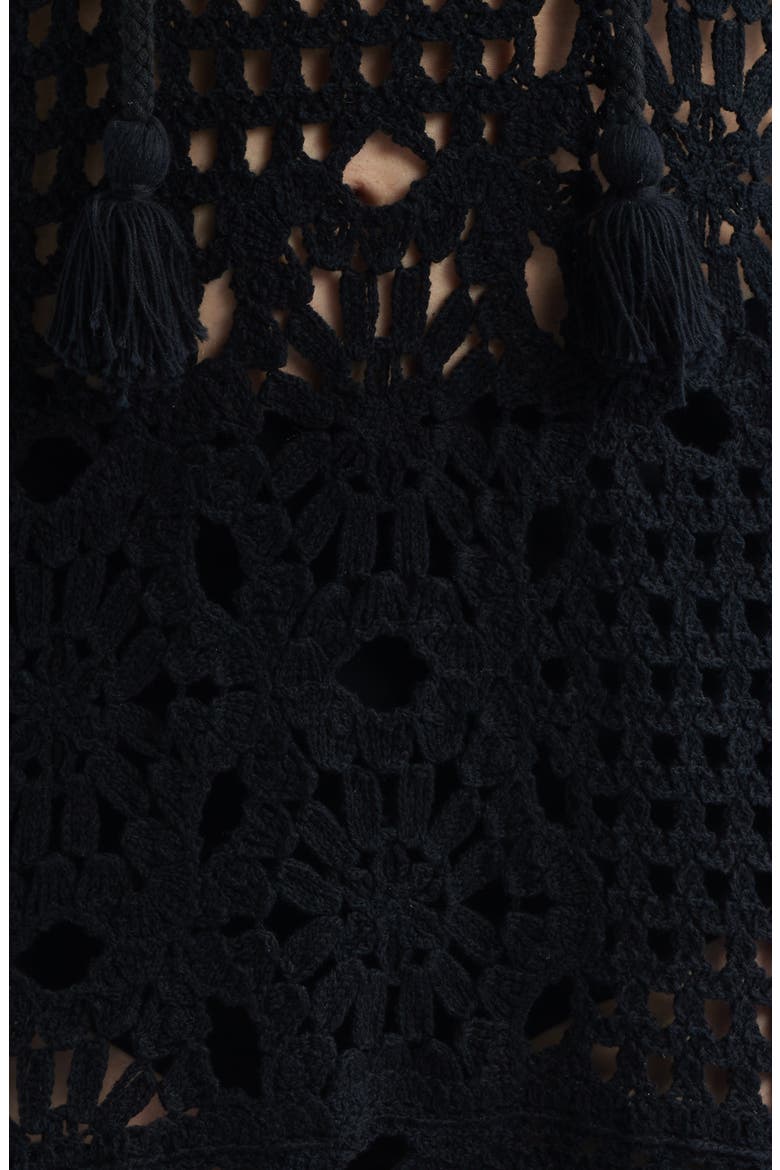 The Postcard Tie Neck Crochet Maxi Dress, Alternate, color, BLACK