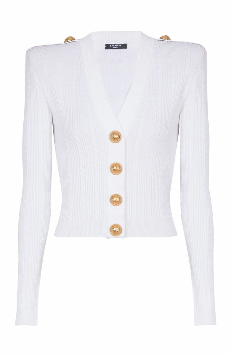 Balmain Long-Sleeved Cable-Knit Cardigan, Alternate, color, White