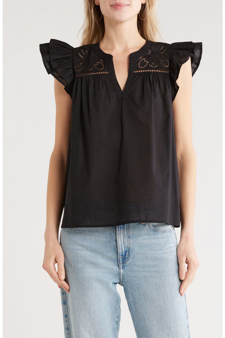 Short Sleeve Eyelet Top, Main, color, BLACK