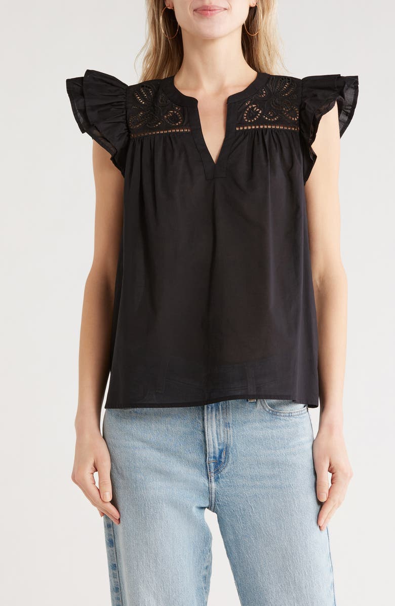 Melrose and Market Short Sleeve Eyelet Top, Main, color, Black