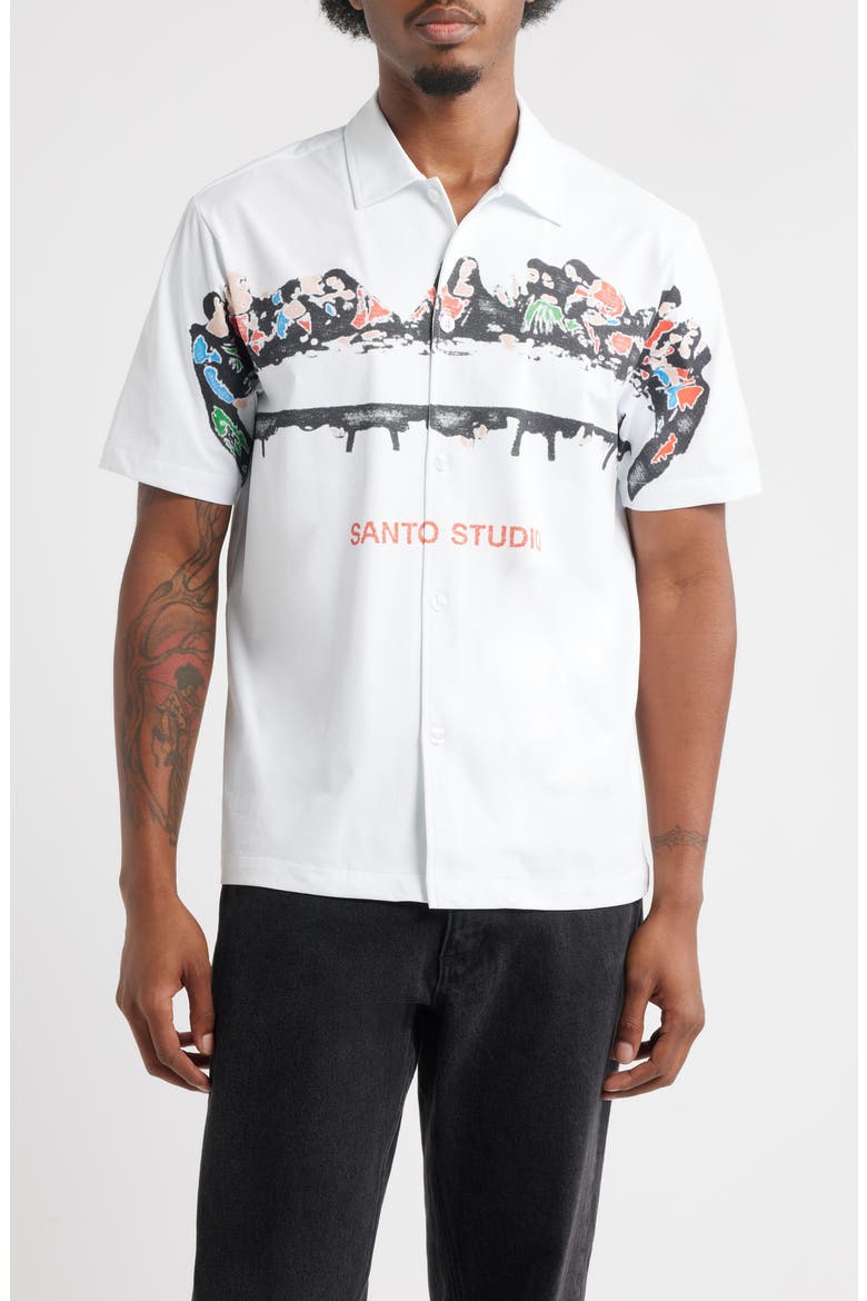 Last Supper Short Sleeve Button-Up Shirt, Main, color, WHITE
