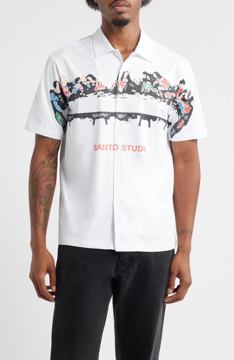 SANTO STUDIO Last Supper Short Sleeve Button-Up Shirt, Main, color, White