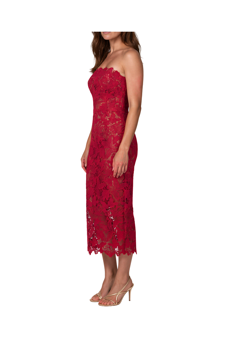 Strapless Guipure Lace Column Midi Dress, Alternate, color, Raspberry