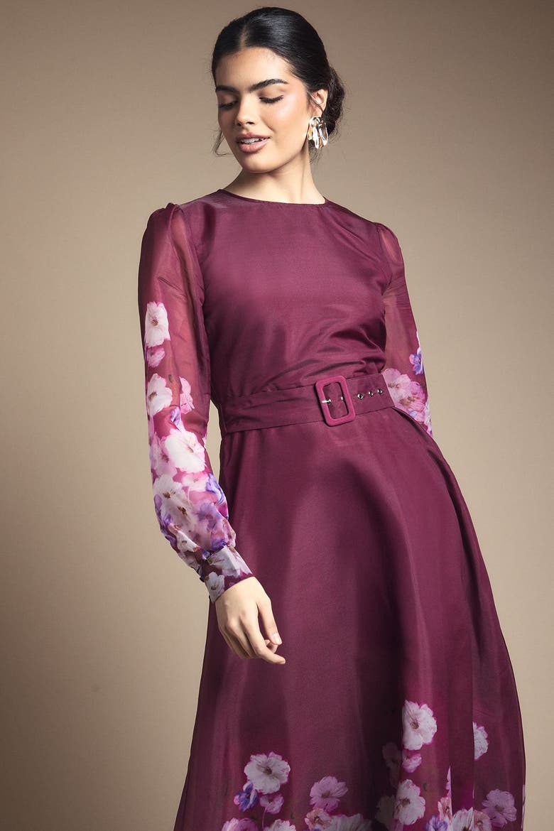 Organza Floral Print Belted Midi Dress, Alternate, color, Berry