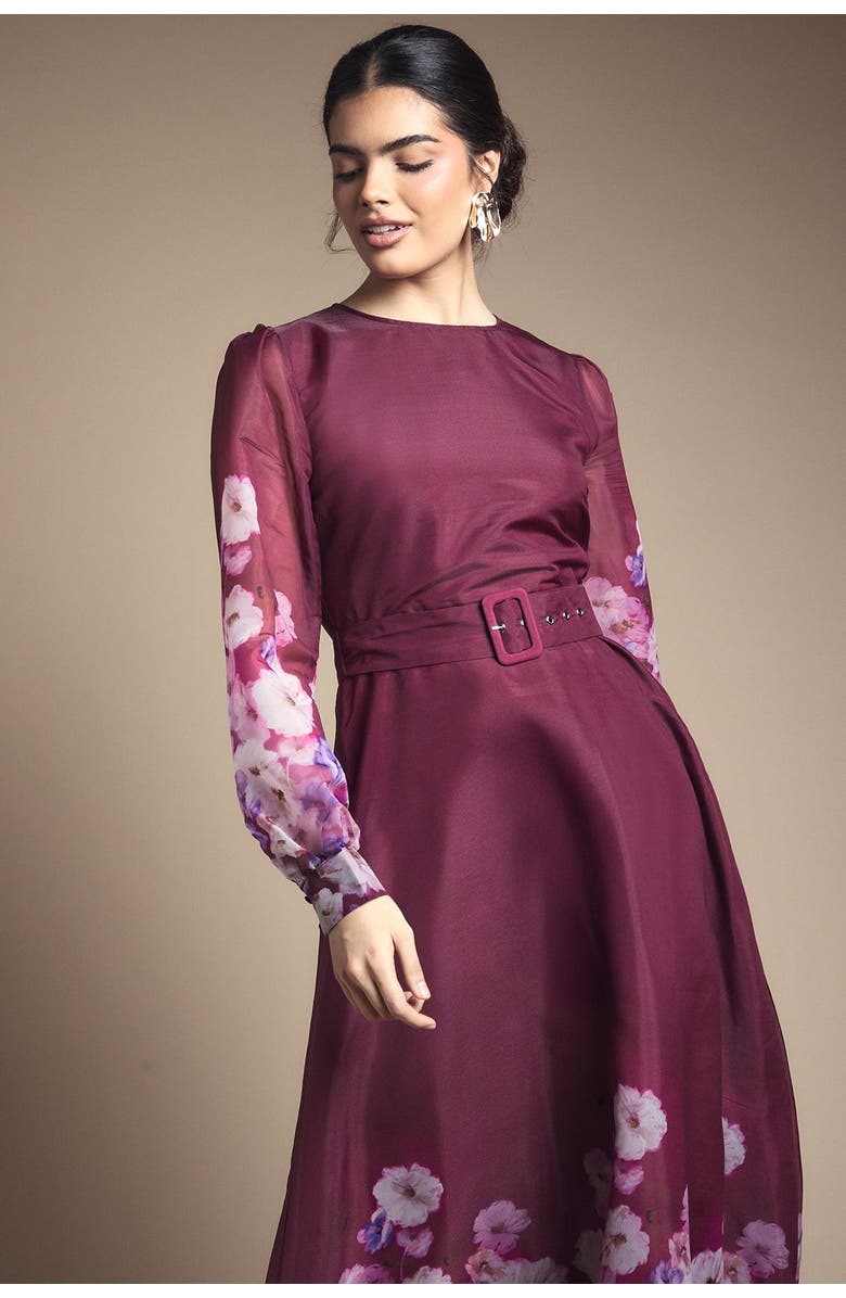 Wallis Organza Floral Print Belted Midi Dress, Alternate, color, Berry