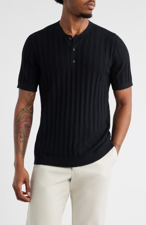 Open Edit Short Sleeve Henley Sweater In Black