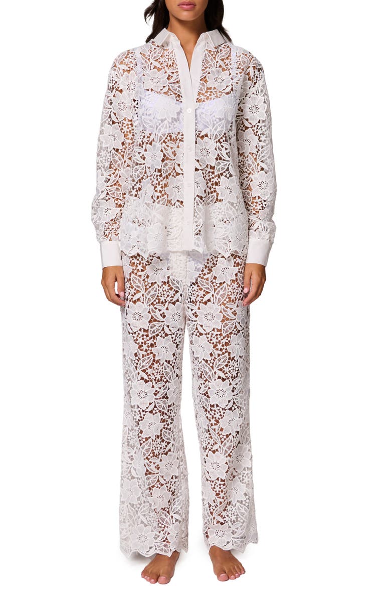 Simone Perele Louison Sheer Lace Button-Up Shirt, Main, color, White