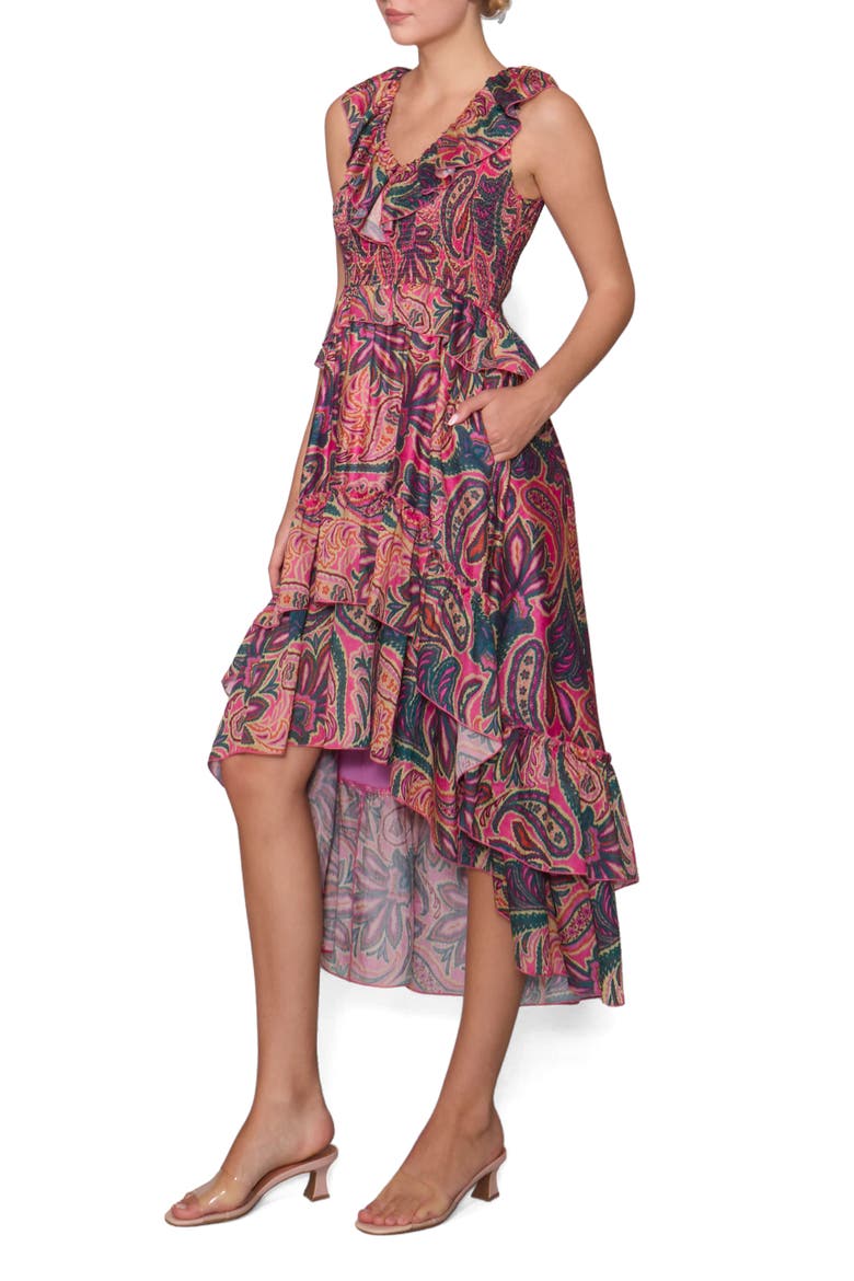 Print Ruffle Organza Sleeveless High-Low Maxi Dress, Alternate, color, PINK PURPLE MULTI