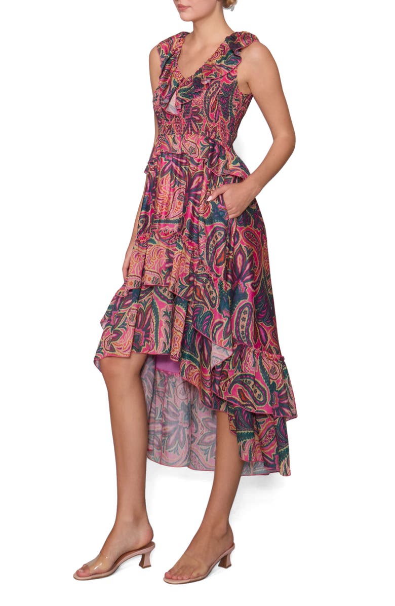 MELLODAY Print Ruffle Organza Sleeveless High-Low Maxi Dress, Alternate, color, Pink Purple Multi
