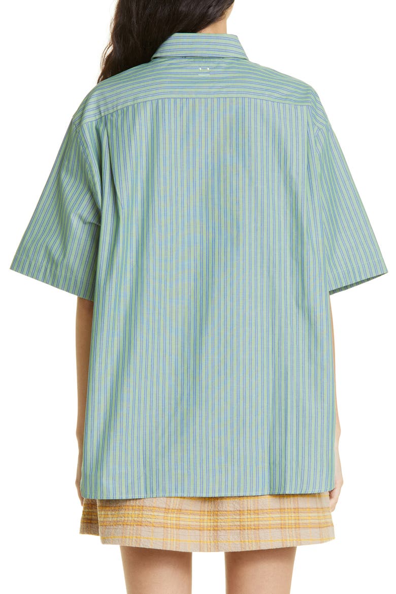 Sarlie Stripe Short Sleeve Cotton Button-Up Shirt, Alternate, color, JADE GREEN/ BLUE