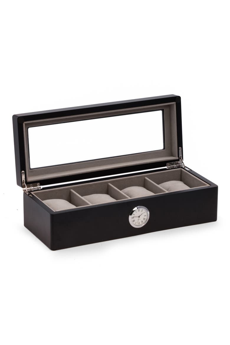 Black Wood 4-Watch Storage Case with Clock, Alternate, color, BLACK