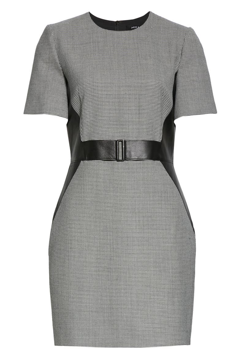 Barcelona Leather Detail Houndstooth Dress, Alternate, color, BLACK