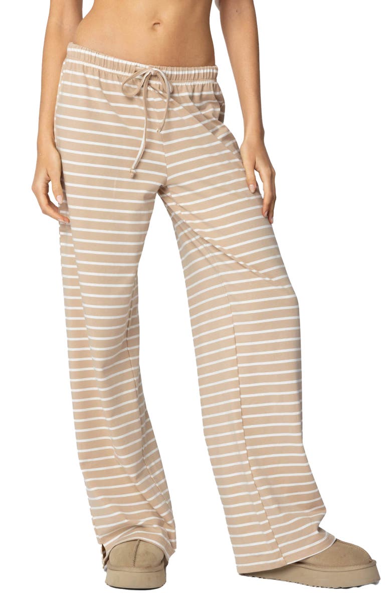 EDIKTED Jona Stripe Stretch Cotton Drawstring Pants, Main, color, Beige