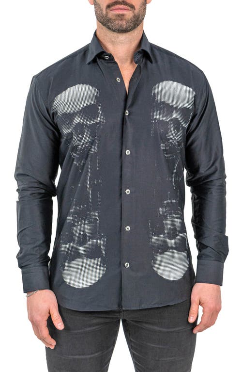 Maceoo Fibonacci Skull Mirror Contemporary Fit Button-Up Shirt in Black 