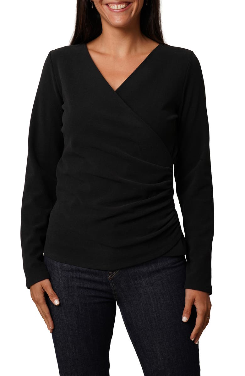 CYRUS Long Sleeve Faux Wrap Top, Main, color, Black