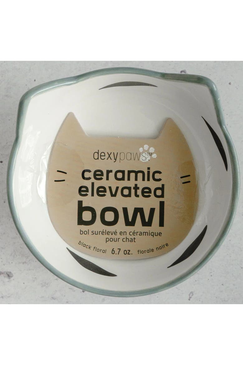 Elevated Ceramic Cat Bowl, Floral White & Black, 7oz, Pet Feeding Dish, Alternate, color, Multicolored