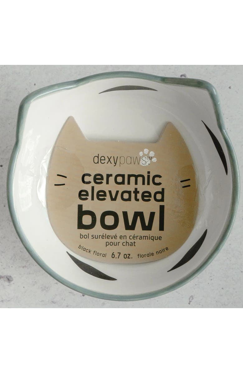 Dexypaws Elevated Ceramic Cat Bowl, Floral White & Black, 7oz, Pet Feeding Dish, Alternate, color, Multicolored