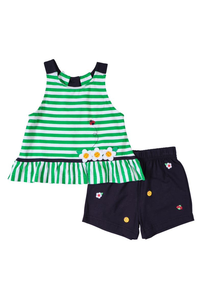 Florence Eiseman Knit Short Set With Softballs, Flowers, Ladybug, Main, color, Green/Navy