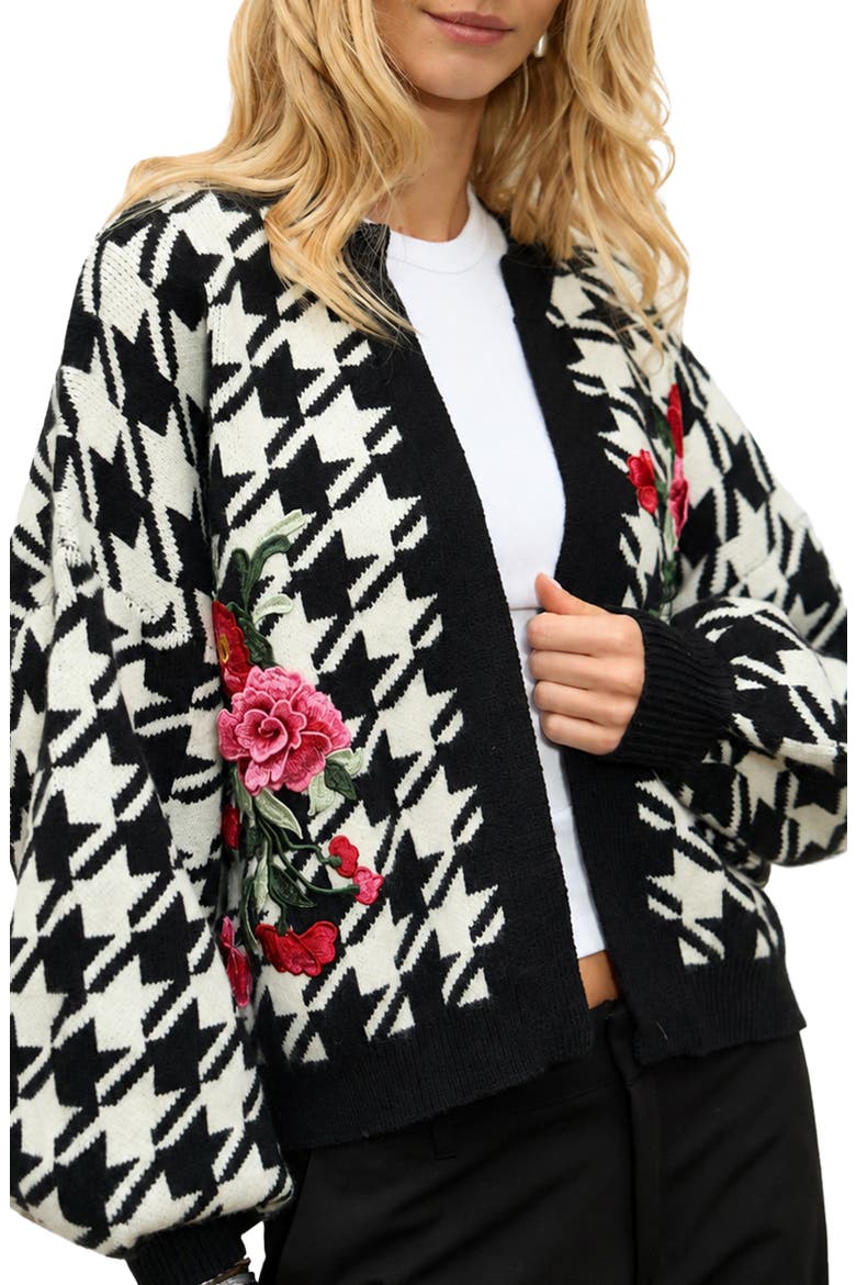 Floral Houndstooth Knit Cardigan, Alternate, color, BLACK