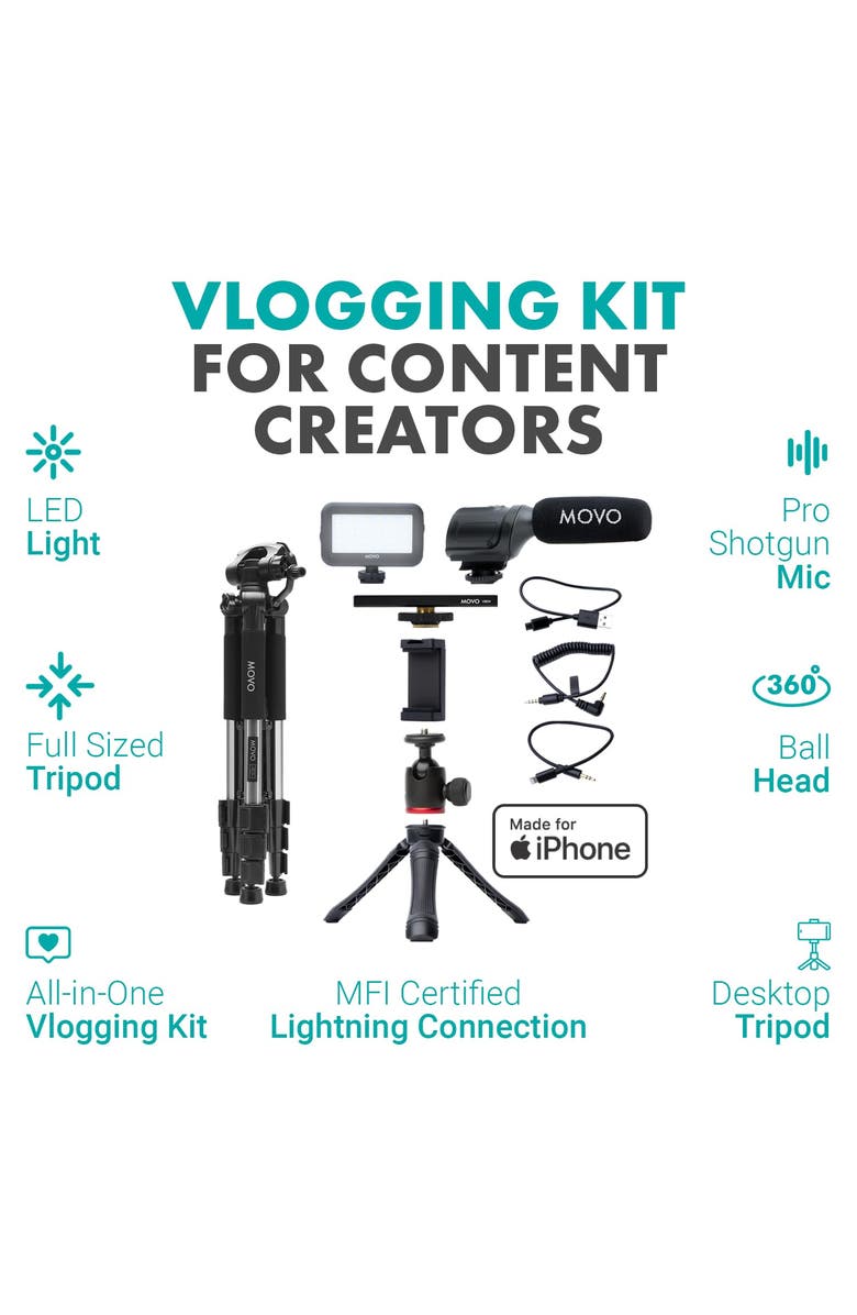 MOVO iVlogger Vlogging Kit for iPhone with Fullsize Tripod, Alternate, color, Black