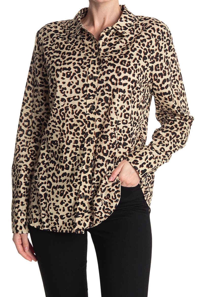 Print Long Sleeve Cotton Voile Blouse, Alternate, color, TAN- BLACK CHEETAH PRINT