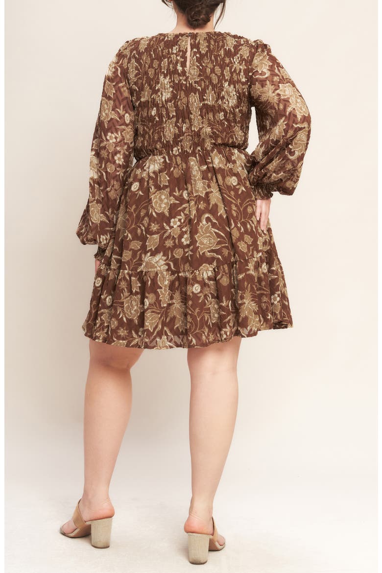 Smocked Long Sleeve Fit & Flare Dress, Alternate, color, BROWN