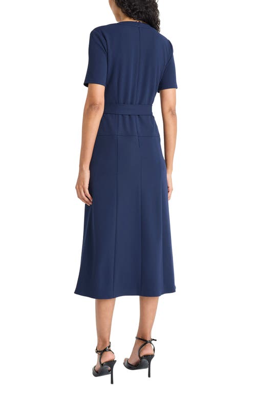 Maggy London Short Sleeve Tie Waist A-line Midi Dress In Blue