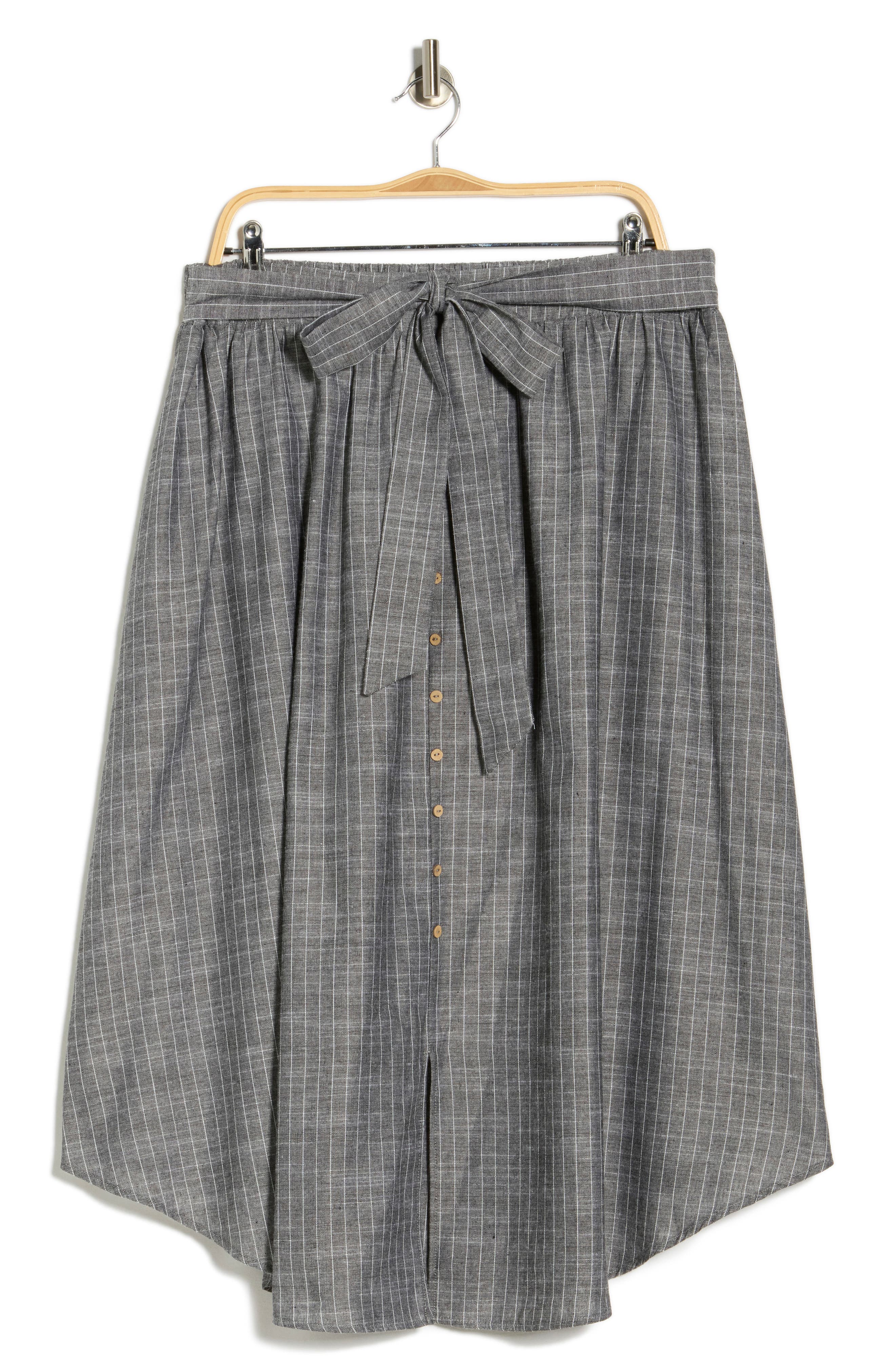 Renee C Stripe Linen Blend Curve Hem Midi Skirt