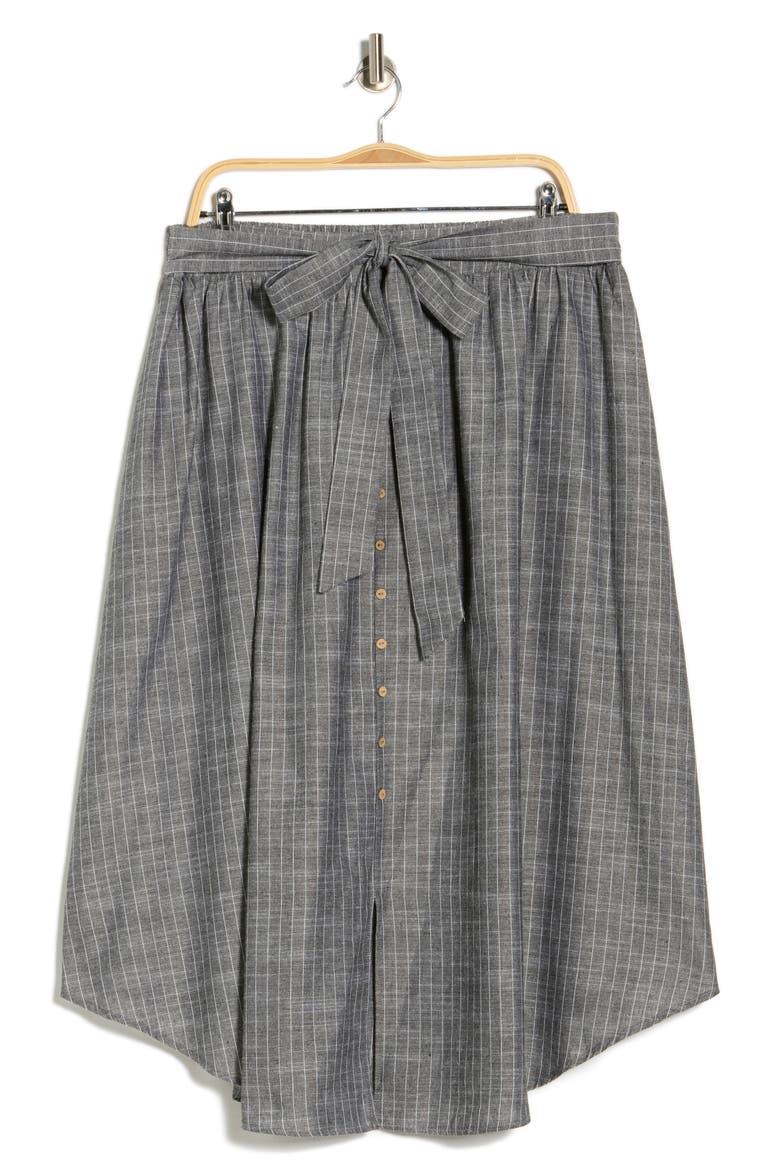 Stripe Linen Blend Curve Hem Midi Skirt, Alternate, color, BLACK