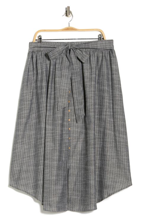 Stripe Linen Blend Curve Hem Midi Skirt (Plus)