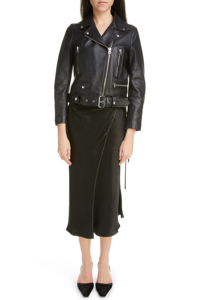 Iala Topstitch Satin Wrap Skirt, Alternate, color, BLACK