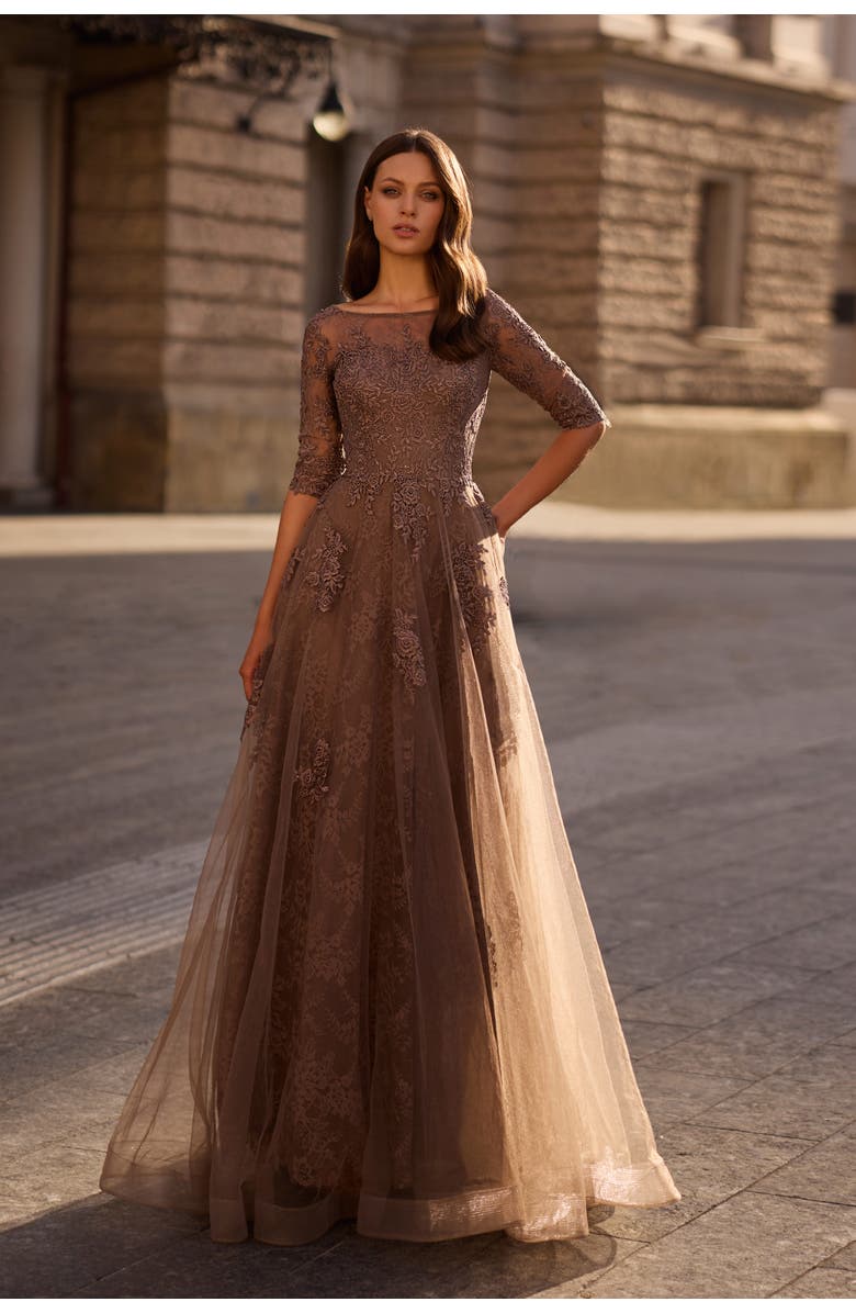 La Femme Lace and Tulle A-line Gown with Three Quarter Sleeves, Main, color, Cocoa
