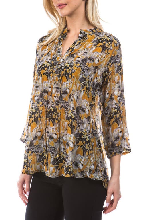 Apny Print Tassel Split Neck Chiffon Top In Brown
