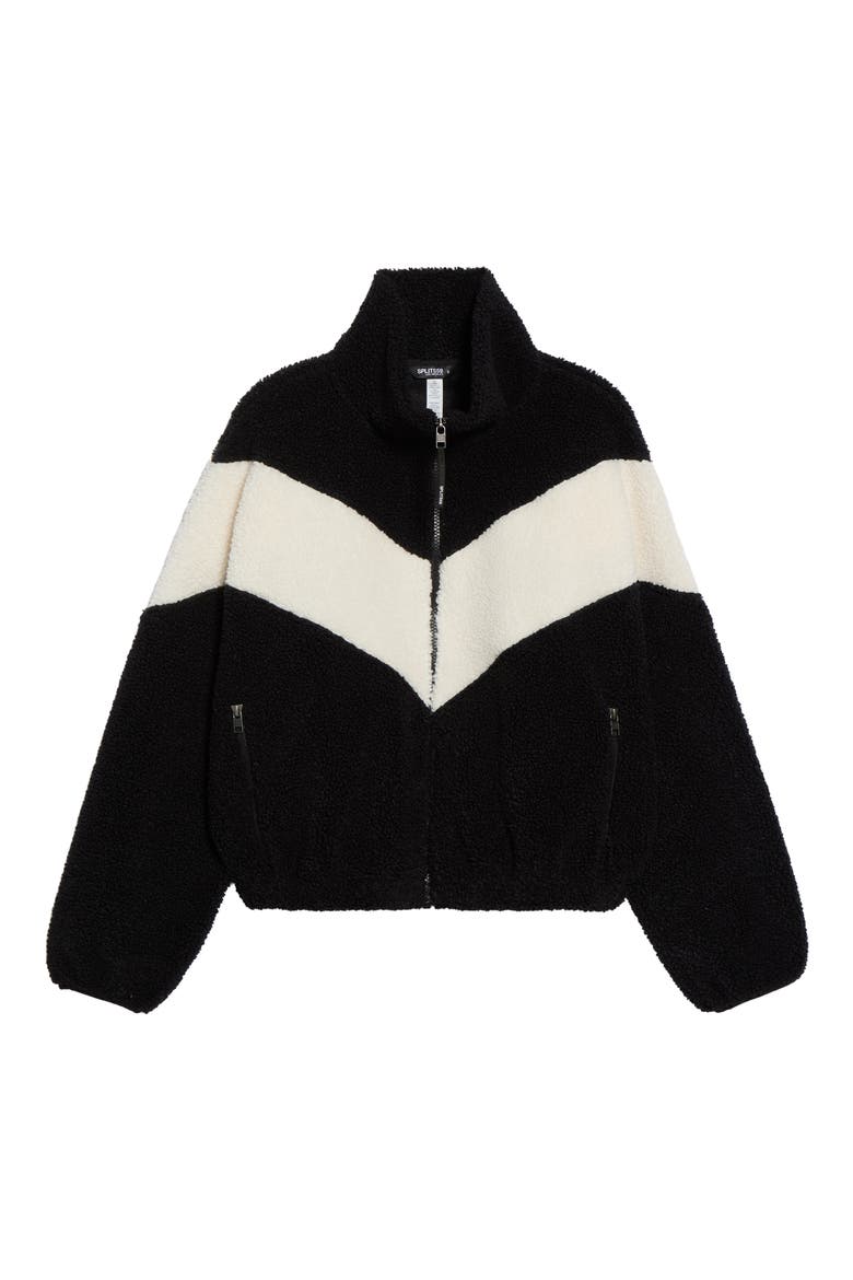 Lottie Chevron High Pile Fleece Full Zip Jacket, Alternate, color, BLACK/ CREME