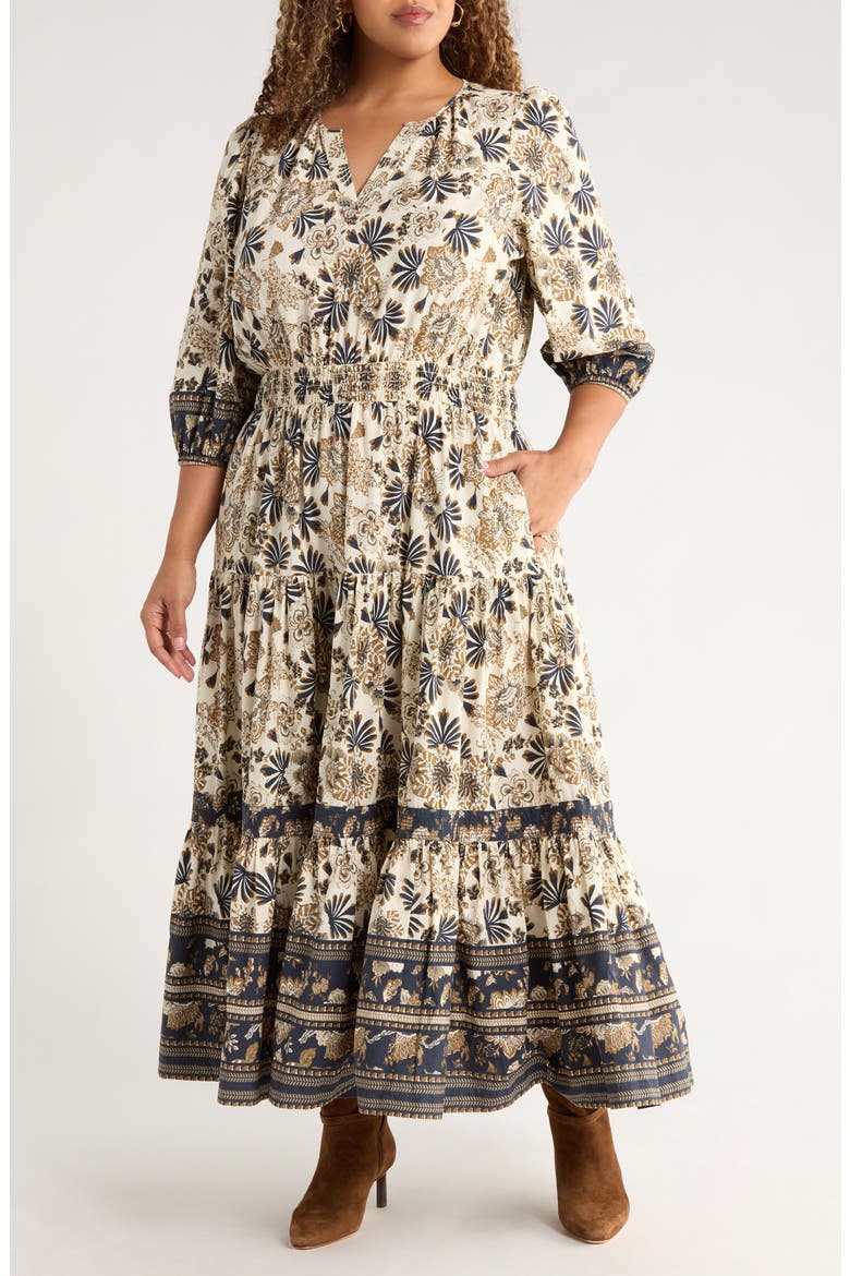 Floral Cotton Maxi Dress, Main, color, IVORY- NAVY MIX BORDER