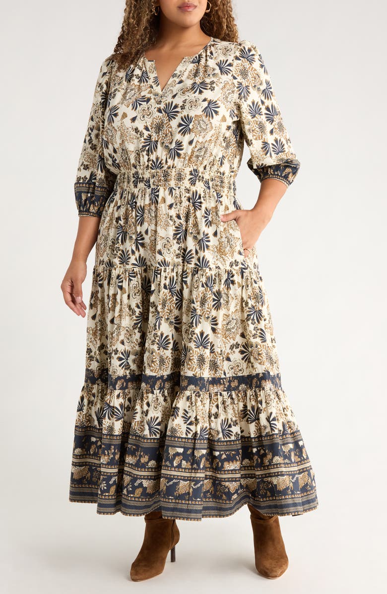 Treasure & Bond Floral Cotton Maxi Dress, Main, color, Ivory- Navy Mix Border