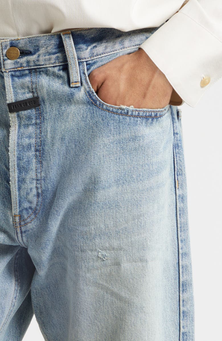Fear of God Ripped Knee Five-Pocket Straight Leg Jeans, Alternate, color, Light Indigo Light Indigo