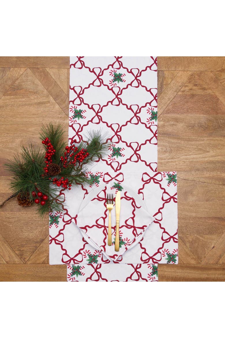 Botanical Candy Cane Bows Christmas Tabletop Runner 14" x 72", Alternate, color, White