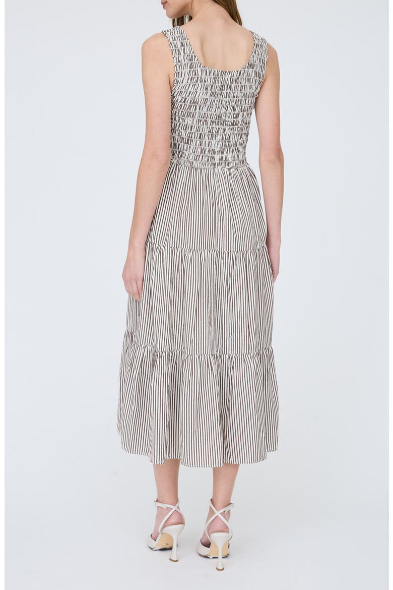 Stripe Sleeveless Smocked Tiered Midi Dress, Alternate, color, BROWN