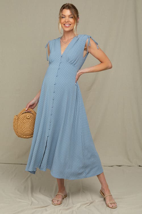 Pinkblush Button-down Polka Dot Shirred Bow Midi Dress In Blue