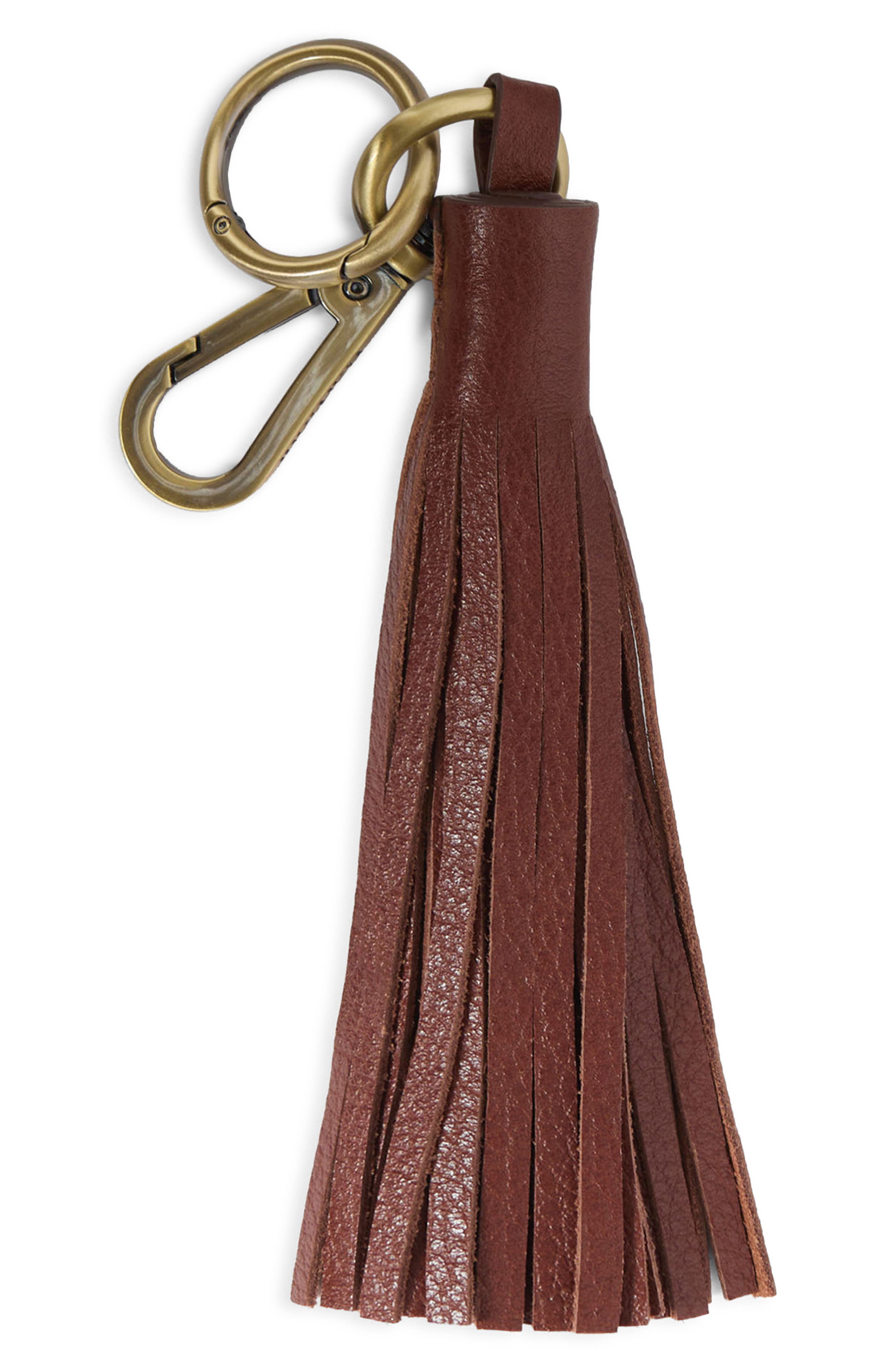 Tassel Leather Bag Charm, Main, color, BROWN