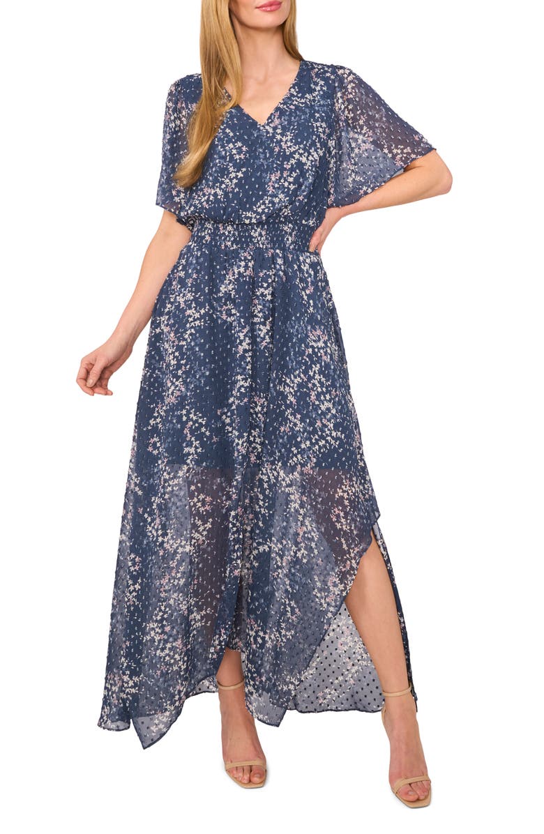 CeCe Floral Semisheer Smocked Waist Handkerchief Hem Maxi Dress, Main, color, Blue Haze