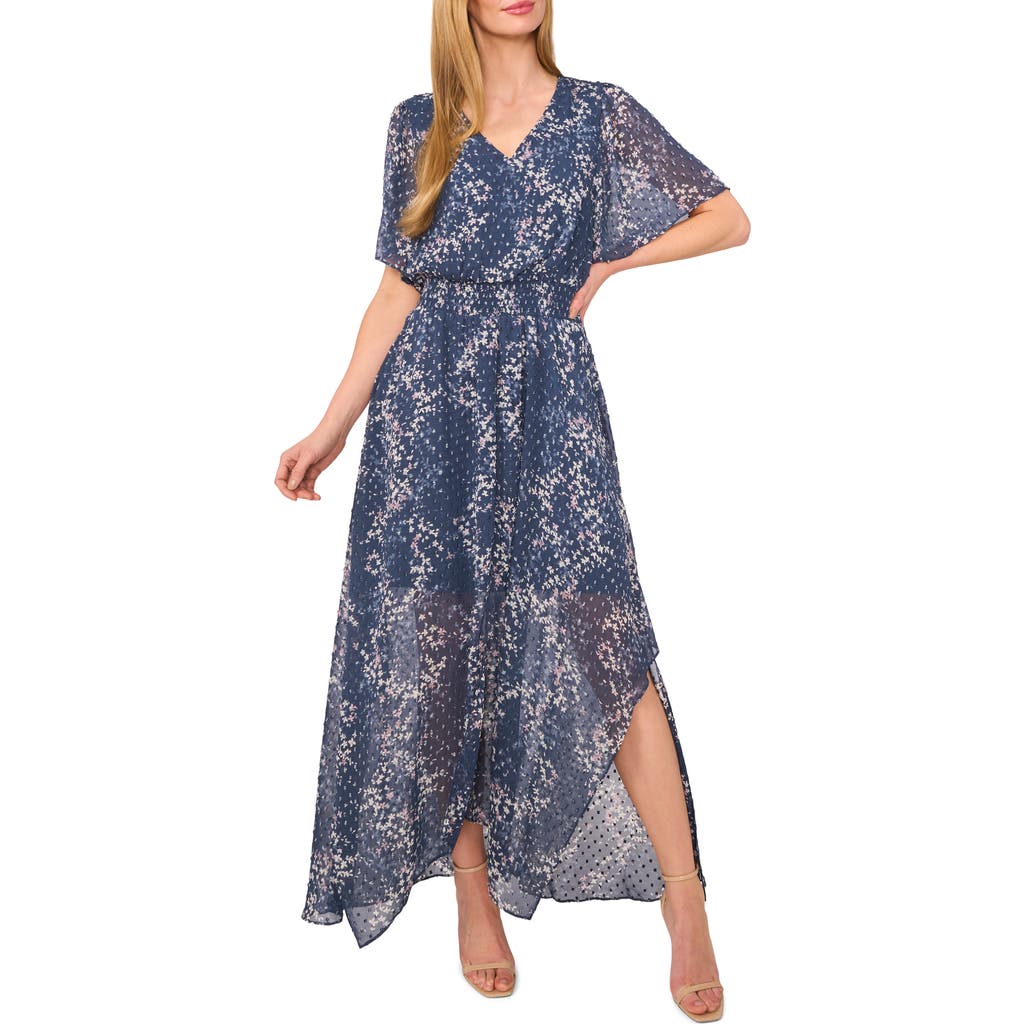 Cece Floral Semisheer Smocked Waist Handkerchief Hem Maxi Dress