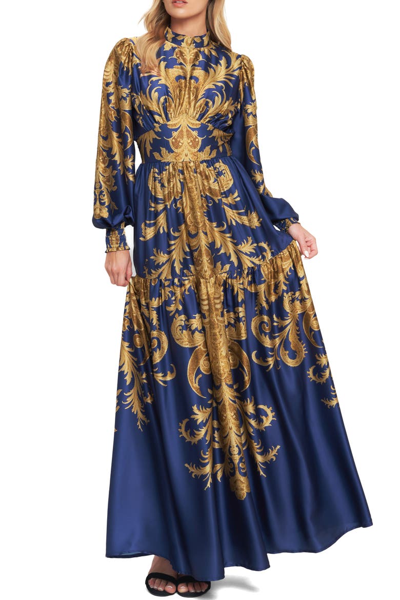 Print Long Sleeve Maxi Dress, Main, color, NAVY