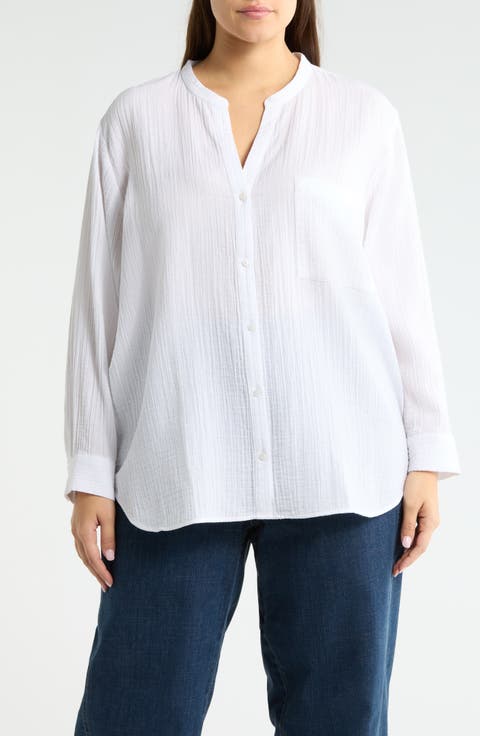 Mandarin Collar Button-Up Top (Plus)