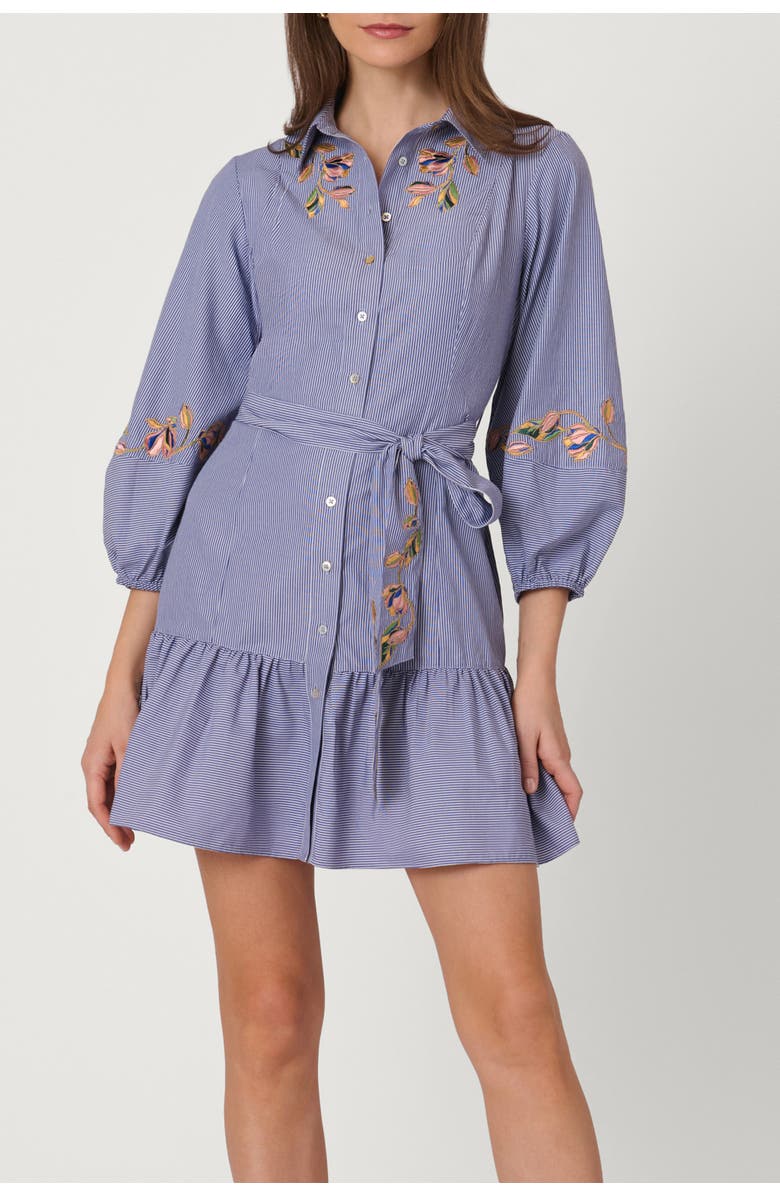 Shoshanna Embroidered Pinstripe Gwen Dress, Main, color, Lapis Multi