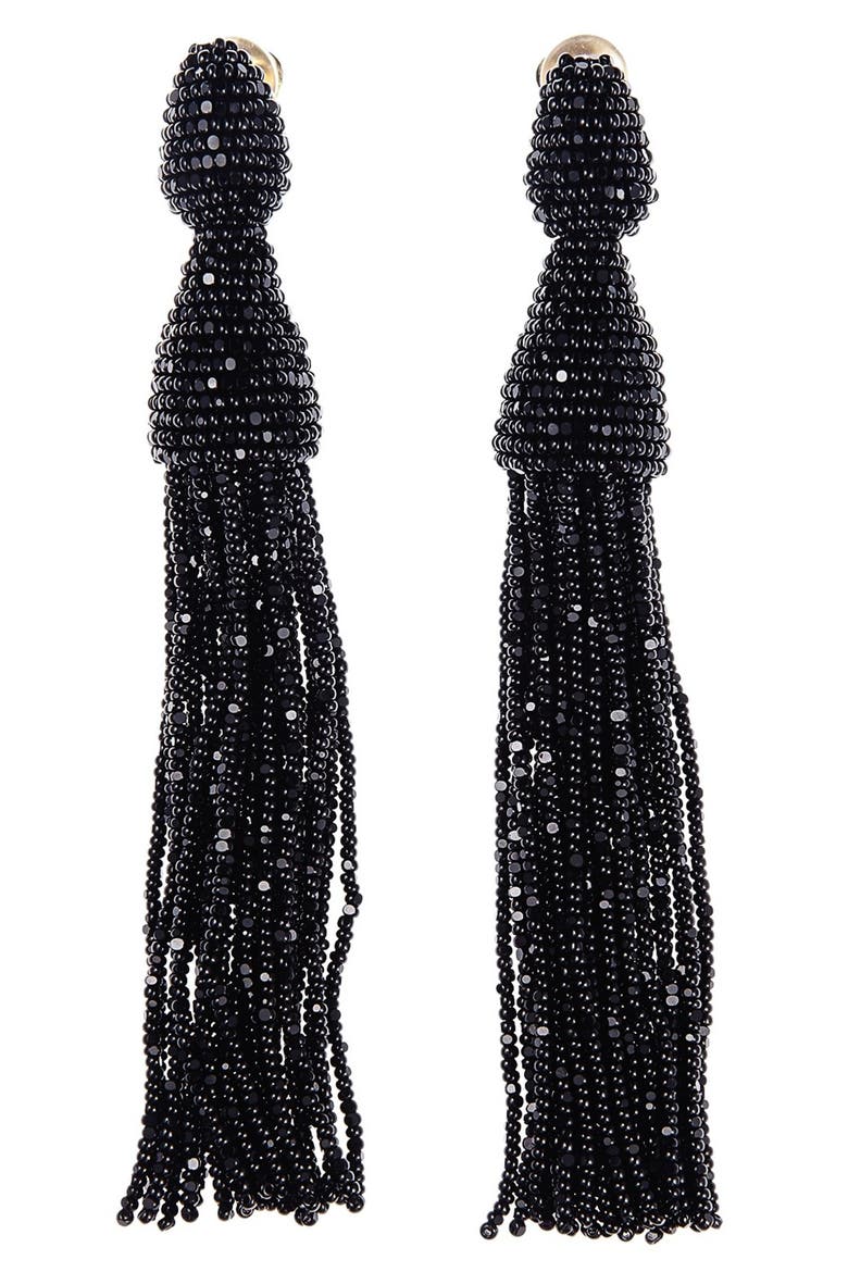 Long Tassel Drop Clip Earrings, Main, color, BLACK