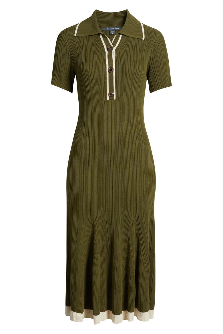 Short Sleeve Rib Polo Sweater Dress, Alternate, color, LIGHT OLIVE/ IVORY