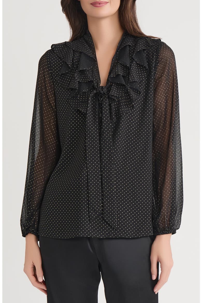 Ruffle Tie Front Top, Main, color, BLACK/ GOLD